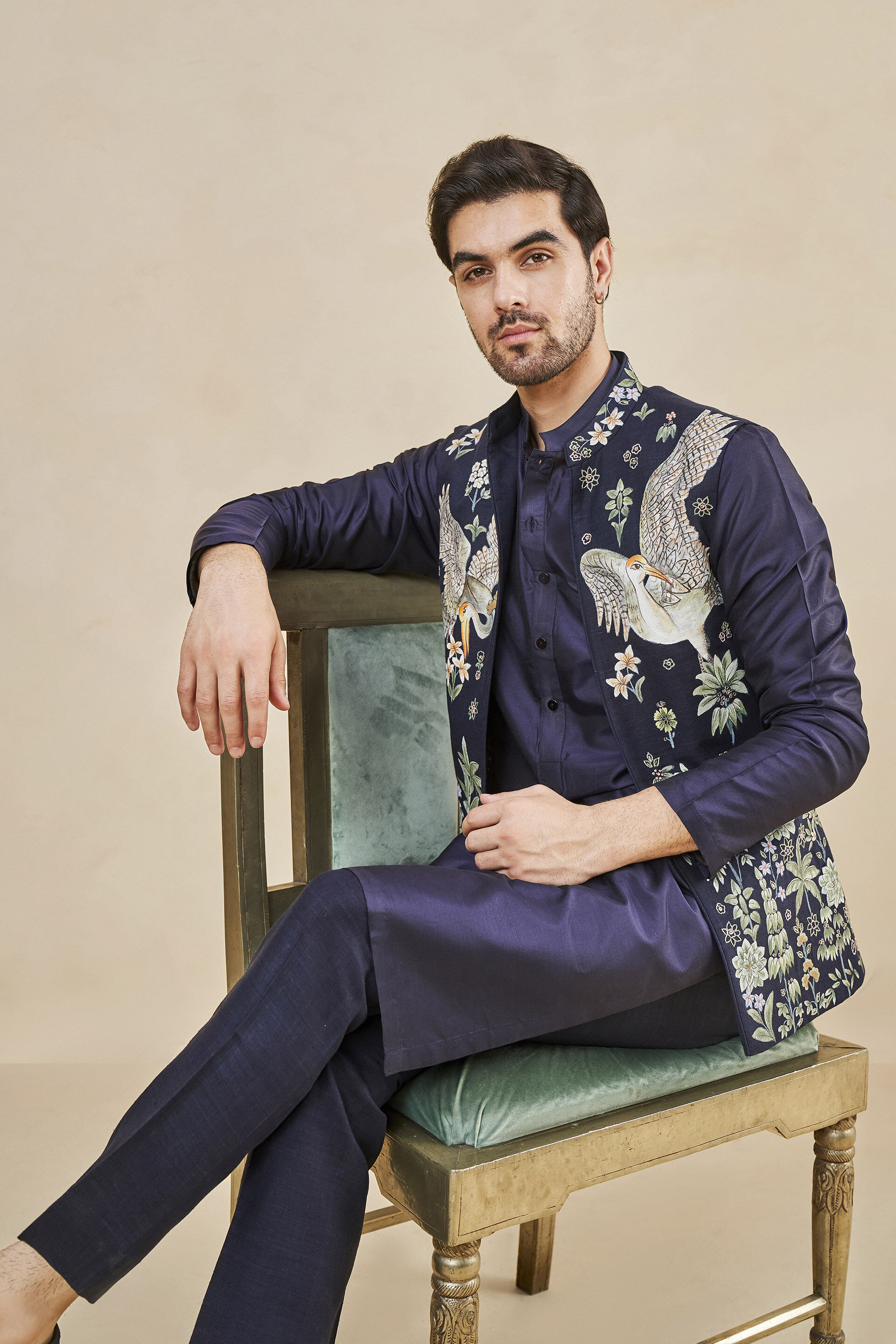 The Flamingo Spirit Hand-painted Pichhwai Silk Nehru Jacket - Navy, Navy, image 4